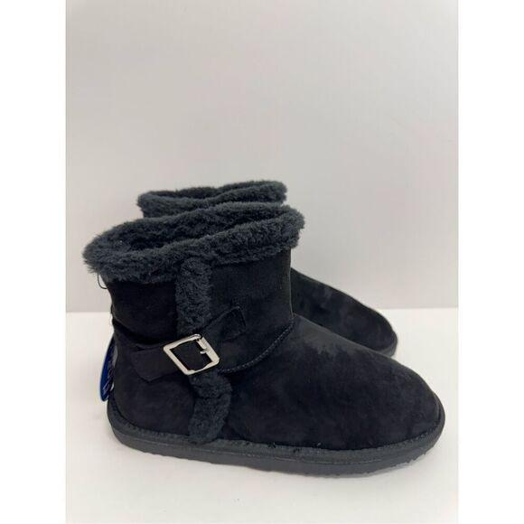 Floopi Mid Calf Winter Boots Size 10 Black Suede Fur Lined Pull On Style NEW - Picture 2 of 9